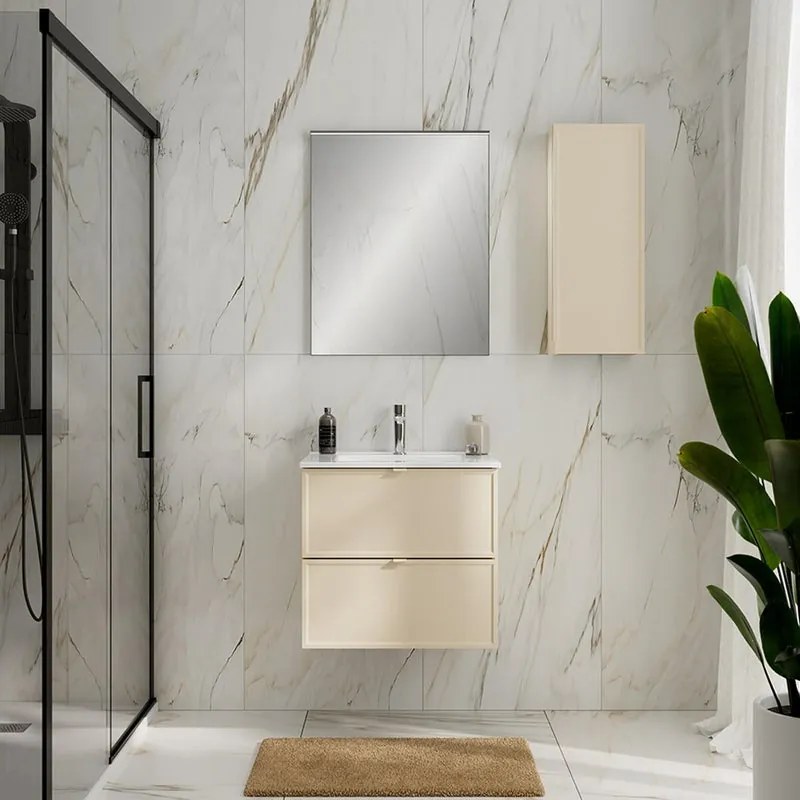 Mobile da bagno sospeso Quadra avorio con lavabo in ceramica bianco vasca centrale base con 2 cassetti a chiusura ammortizzata (estrazione parziale), con maniglia in alluminio laccato avorio L61 H57 P46,5