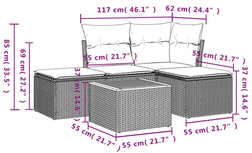 Set divano da giardino 5 pz con cuscini grigio in polyrattan