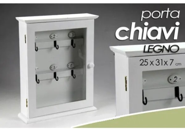 Trade Shop - Portachiavi Parete Appendino 6 Ganci 31x25x7cm In Legno Bianco Anta Vetro 660832
