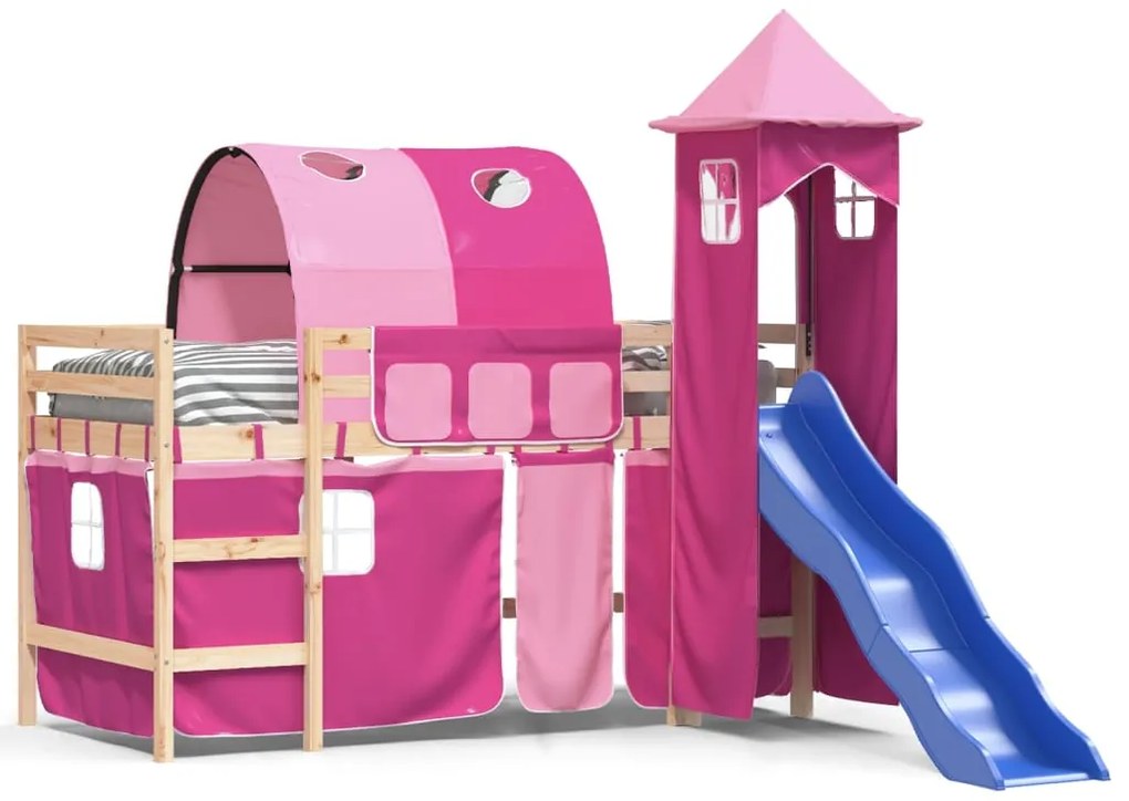Letto a soppalco con torre bambini rosa 80x200cm massello pino