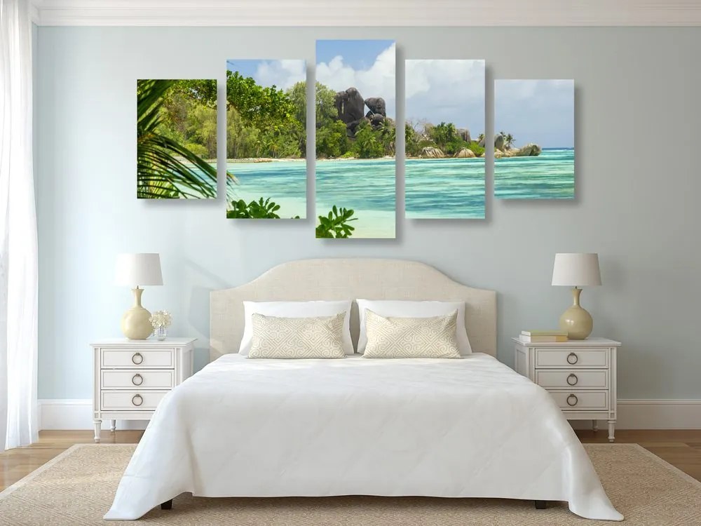 Quadri 5 pezzi – Spiaggia meravigliosa sull'isola di La Digue