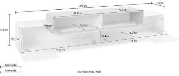 Mobile Porta TV 240 Cm Con 3 Ante A Ribalta Bianco Lucido Laccato Corona