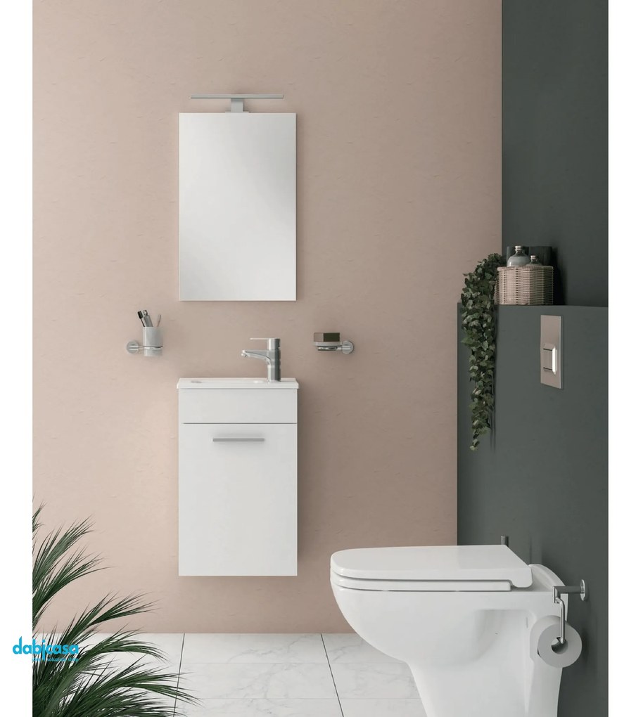 Mobile Bagno Sospeso "Mia" Da 40 Cm Composto Da Un'Anta Lavabo E Specchio Con Lampada Led Finitura Bianco Lucido