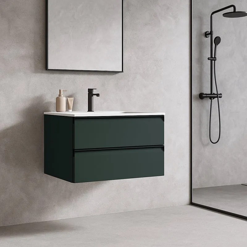 Mobile da bagno sospeso sotto lavabo L 79.5 x H 40 x P 45.5 cm verde laccato opaco, 2 cassetti Fusion