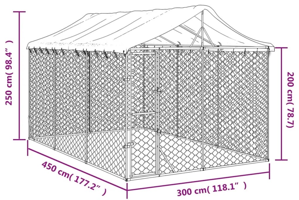 Cuccia cani da esterno tetto argento 3x4,5x2,5m acciaio zincato