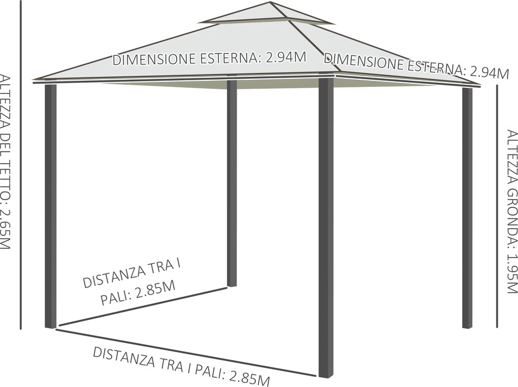 Gazebo da Giardino 2.95x2.95m in Metallo Doppio Tetto Zanzariera e Laterali Beige...