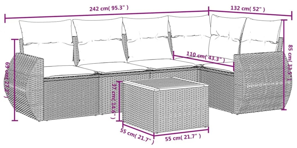 Set Divano da Giardino 6 pz con Cuscini Grigio in Polyrattan