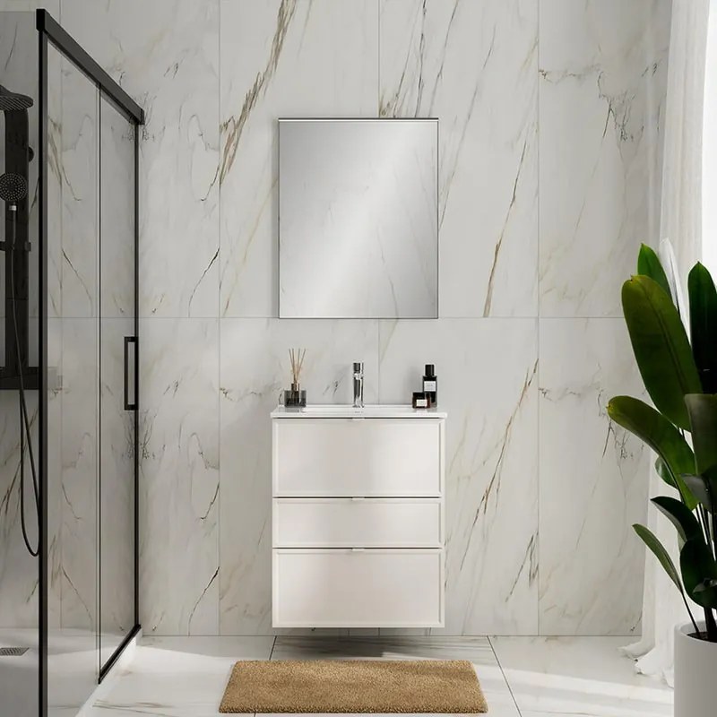 Mobile Quadra L60 H73 P39 bianco opaco laccato con lavabo in ceramica vasca centrale base con 3 cassetti a chiusura ammortizzata
