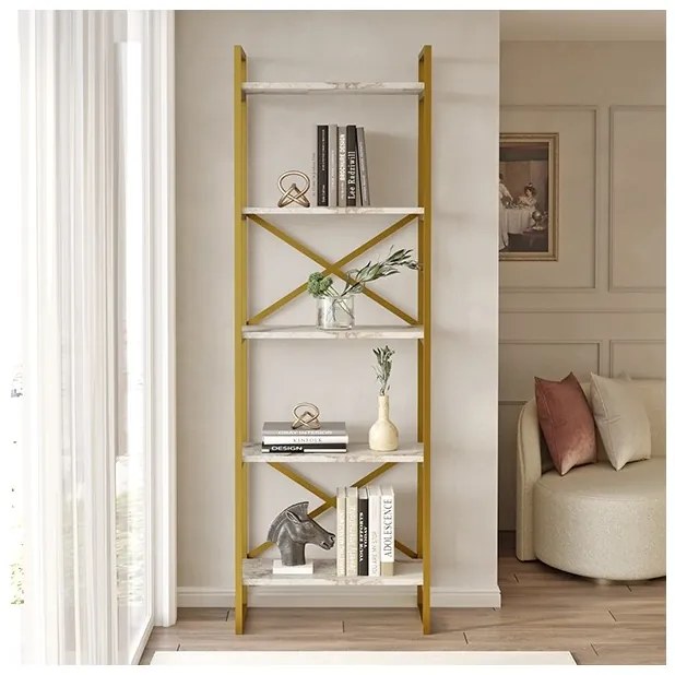 Libreria Oro 58x30x175 Cm 5 Ripiani Effetto Marmo Decus