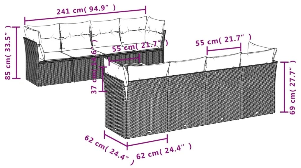 Set Divano da Giardino 9 pz con Cuscini Grigio in Polyrattan