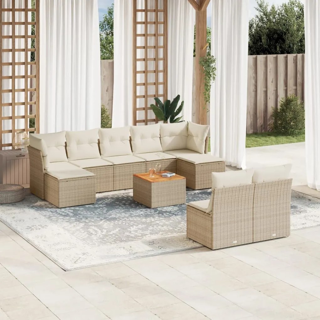 Set divano da giardino 10 pz con cuscini beige in polyrattan