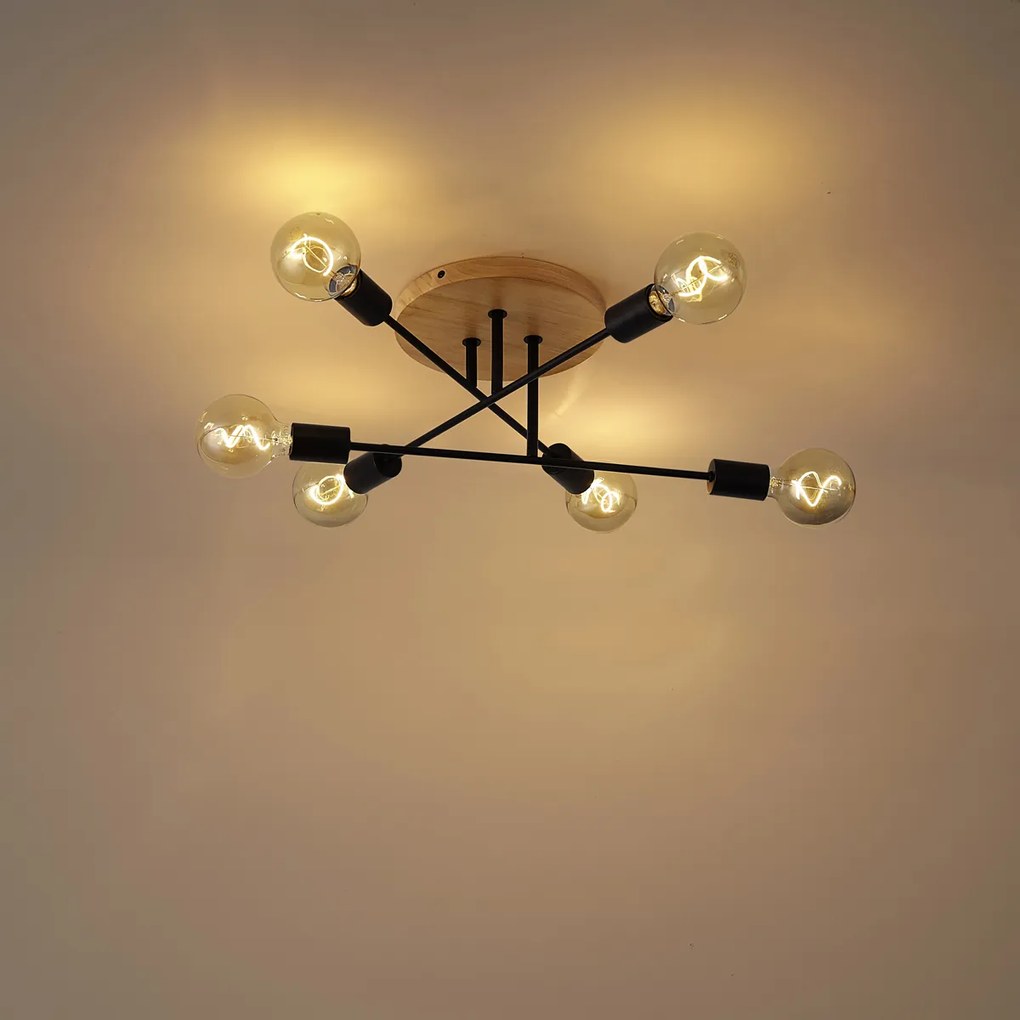 Plafoniera Art Déco nera con legno 6 luci - Sydney