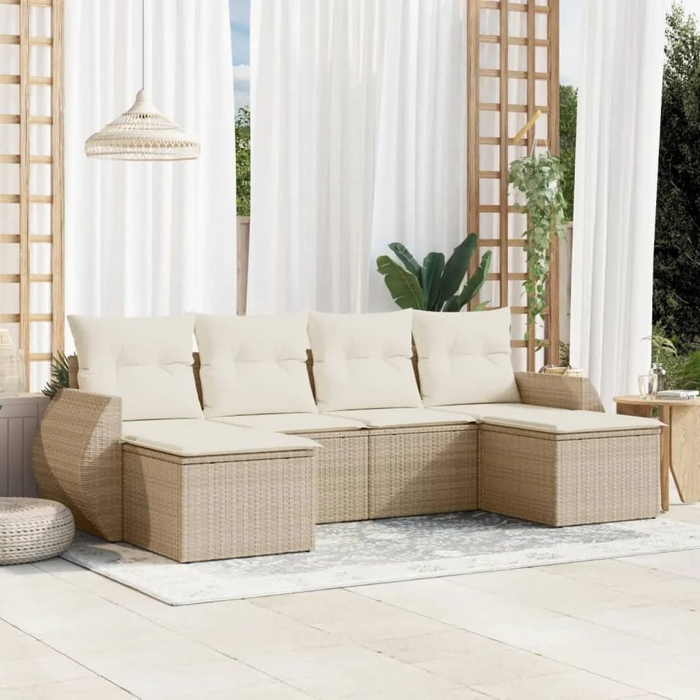 Set Divano da Giardino 6 pz con Cuscini Beige in Polyrattan