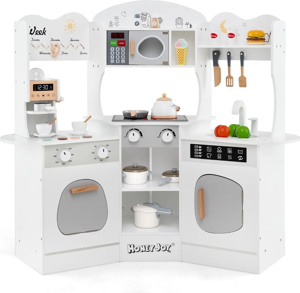 Costway Cucina giocattolo angolare in legno con macchina del caffè, Set cucina con luci e suoni per bambini 3+ anni