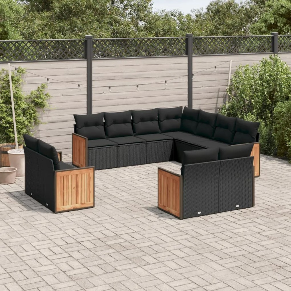 Set divani da giardino 11 pz con cuscini in polyrattan nero