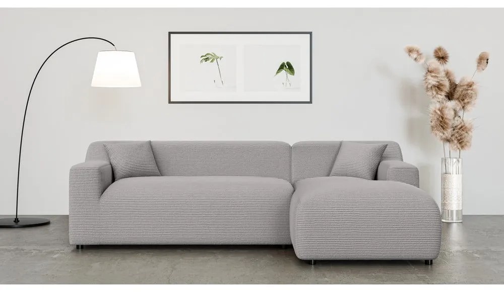 Divano angolare grigio chiaro (con penisola a destra e chaise lounge) rivestito in velluto a coste Martin – Ropez