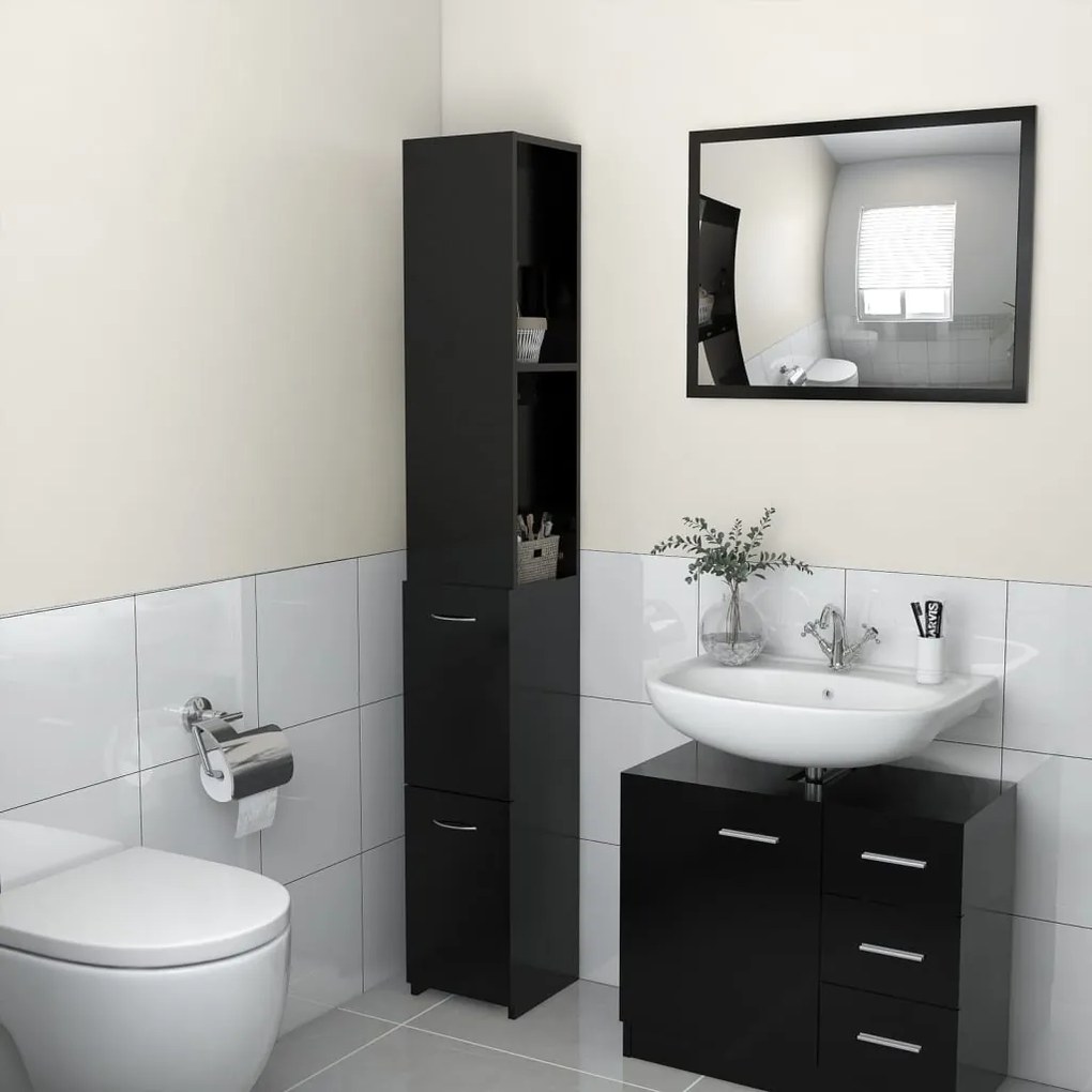 Armadietto da bagno nero 25x26,5x170 cm in legno multistrato