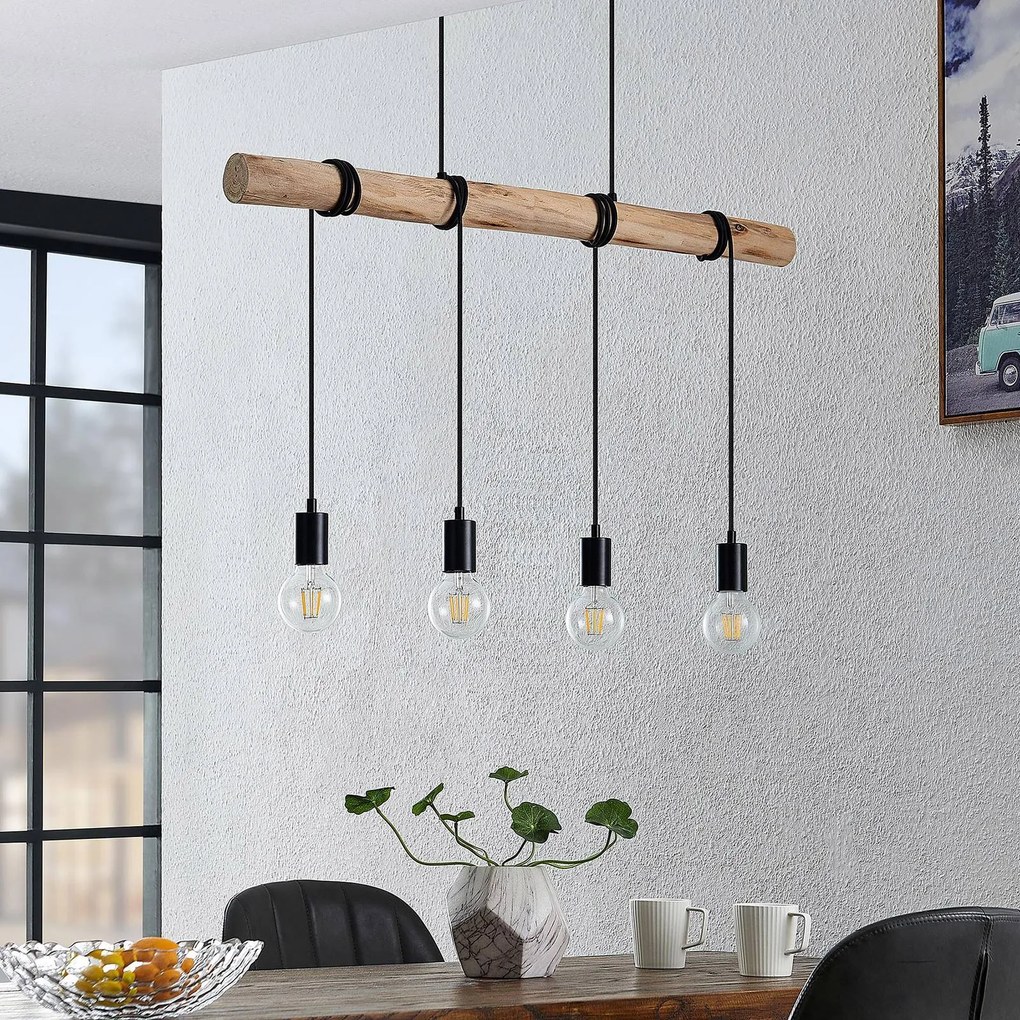 Lampada a sospensione Lindby Ferris, a 4 luci, 90 cm, legno, E27