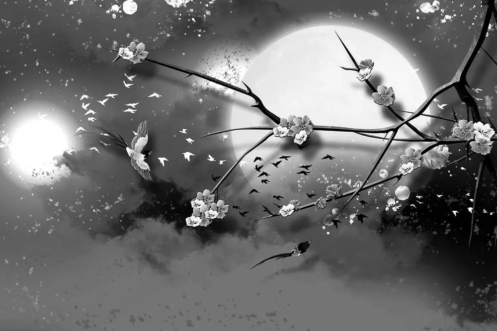 Carta da parati – Rami d'albero in bianco e nero sotto la luna piena