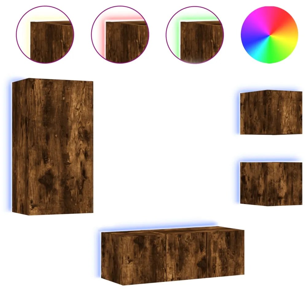 Mobili tv a muro con led 5pz rovere fumo in legno multistrato