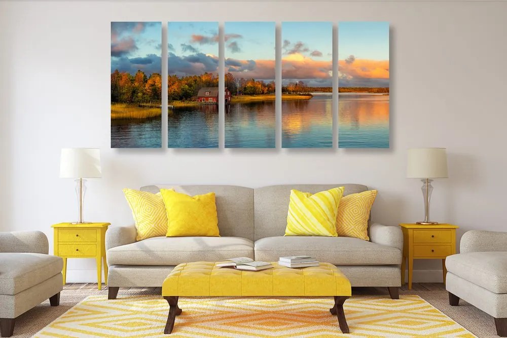 Quadri 5 pezzi – Tramonto sul lago