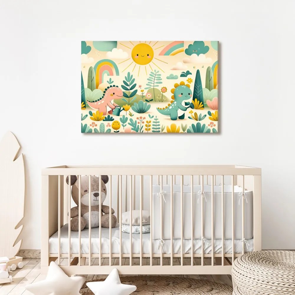 Quadro su tela – Giornata di gioco dei piccoli dinosauri nella natura