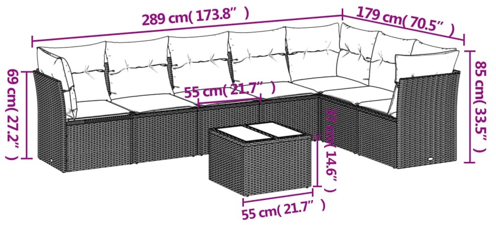 Set divani da giardino con cuscini 8 pz nero in polyrattan