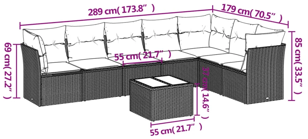 Set divani da giardino con cuscini 8 pz nero in polyrattan