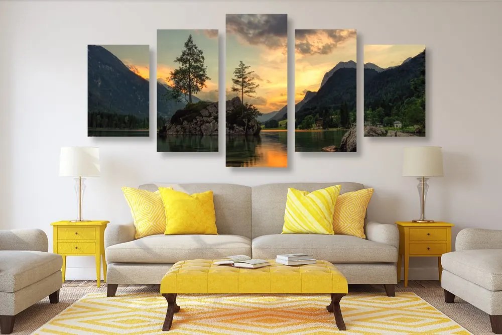 Quadri 5 pezzi – Paesaggio montano al lago