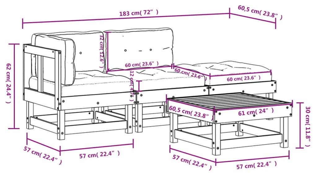 Set Divani da Giardino 4pz con Cuscini in Legno Massello Bianco