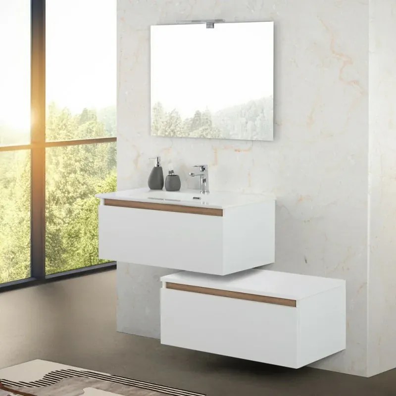 Mobile bagno sospeso 80 cm bianco e rovere con cassetto sfalsato Kleo