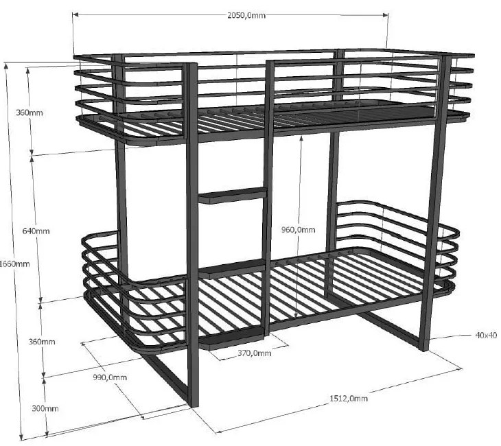 Letto da bambini a castello nero in metallo con rete inclusa 90x200 cm Oscar – Vipack