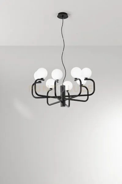 Sospensione jeppy nero 8 luci attacco g9 con vetro soffiato bianco