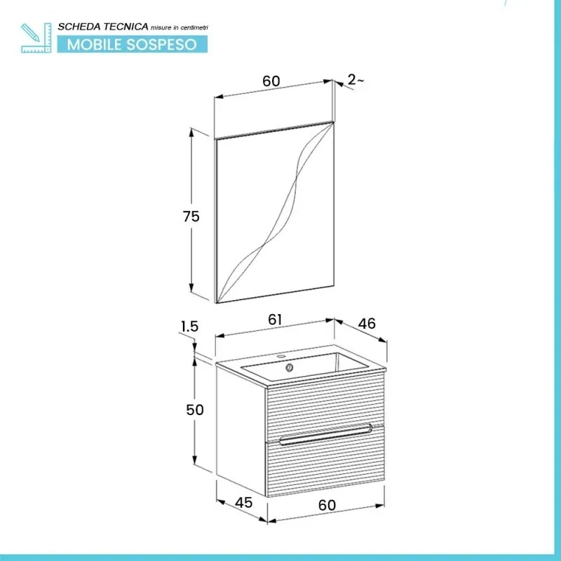 Mobile bagno sospeso 60 lava cannettato 2 cassetti lavabo e specchio Rigo