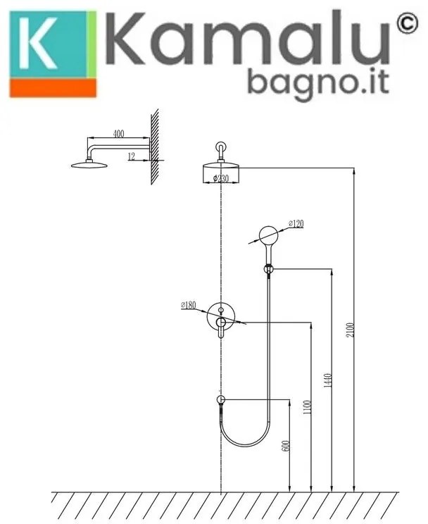 Kamalu - set doccia a parete finitura oro spazzolato soffione, doccetta, miscelatore | kam-arte oro