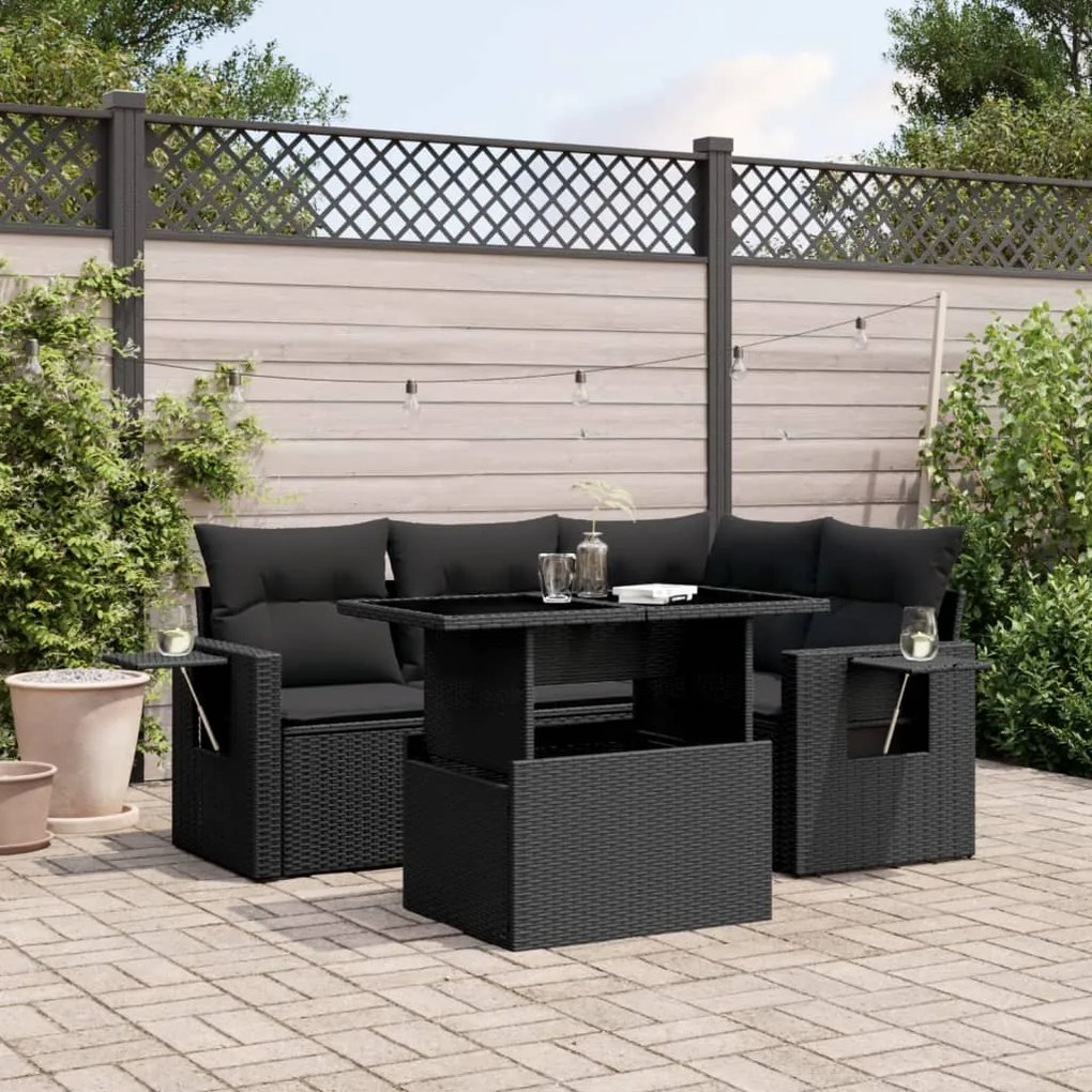 Set divani da giardino 5 pz con cuscini in polyrattan nero