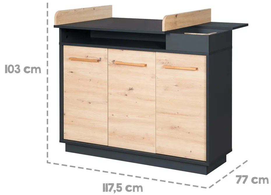 Cassettiera bassa per bambini in rovere con fasciatoio in colore antracite-naturale 118x103 cm Lenn - Roba