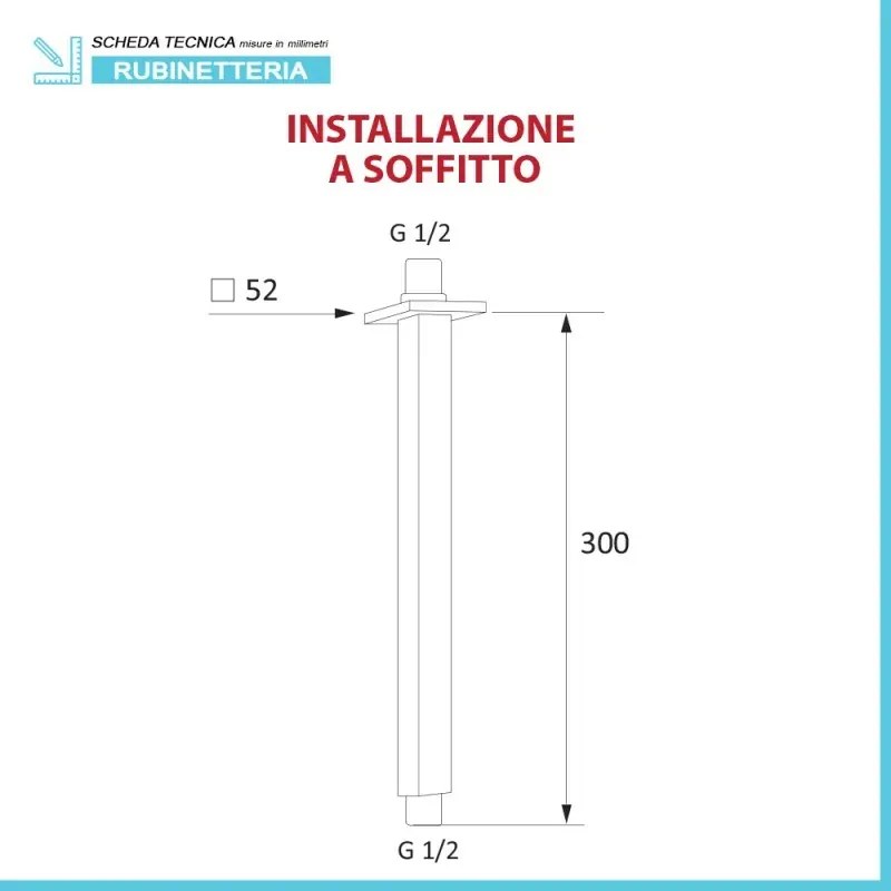 Braccio doccia verticale in ottone cromato 30 cm design quadrato Rubinetterie Mariani