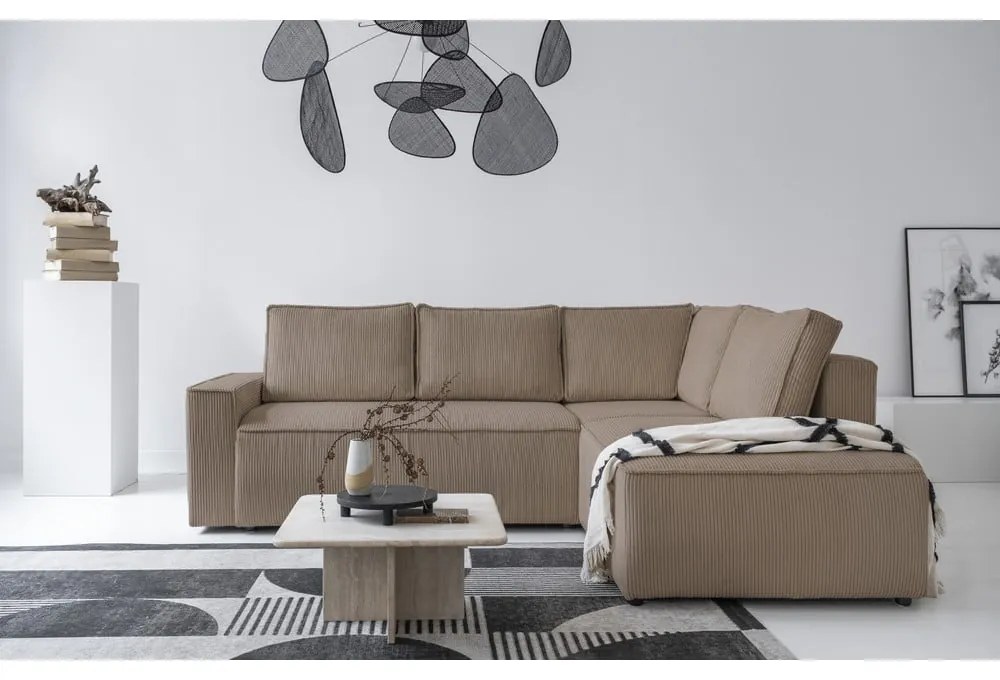 Divano letto angolare in velluto a coste beige Brave Dave - Miuform