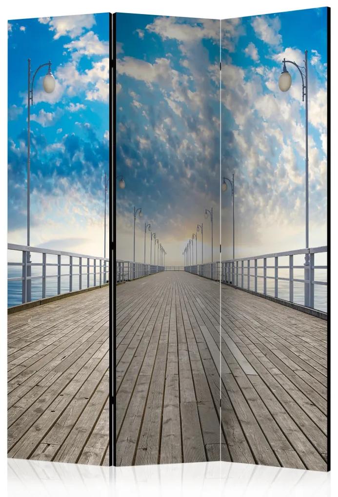 Paravento design Molo - Acqua sotto il lungo ponte di legno con cielo e nuvole