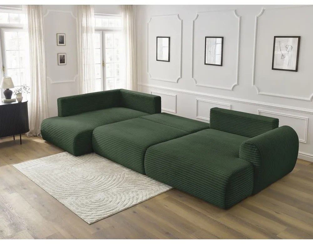 Divano angolare verde scuro allungabile/con contenitore (con penisola a sinistra/a U) con rivestimento in velluto a coste Lucien – Bobochic Paris