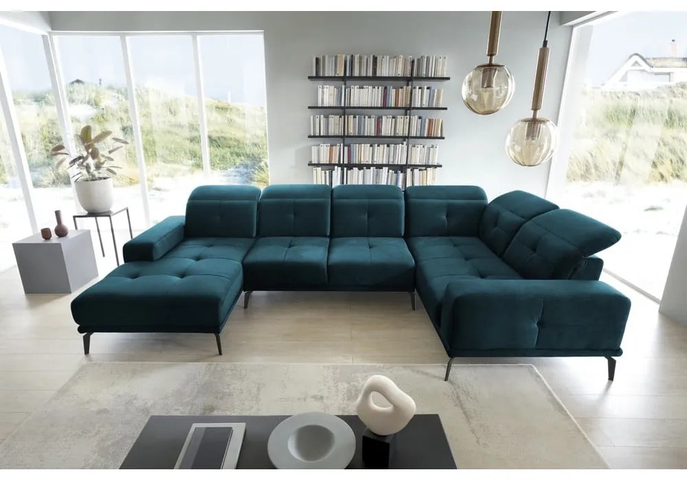 Divano angolare blu scuro (con penisola a destra/a U) e rivestimento in velluto Neviro – ELTAP