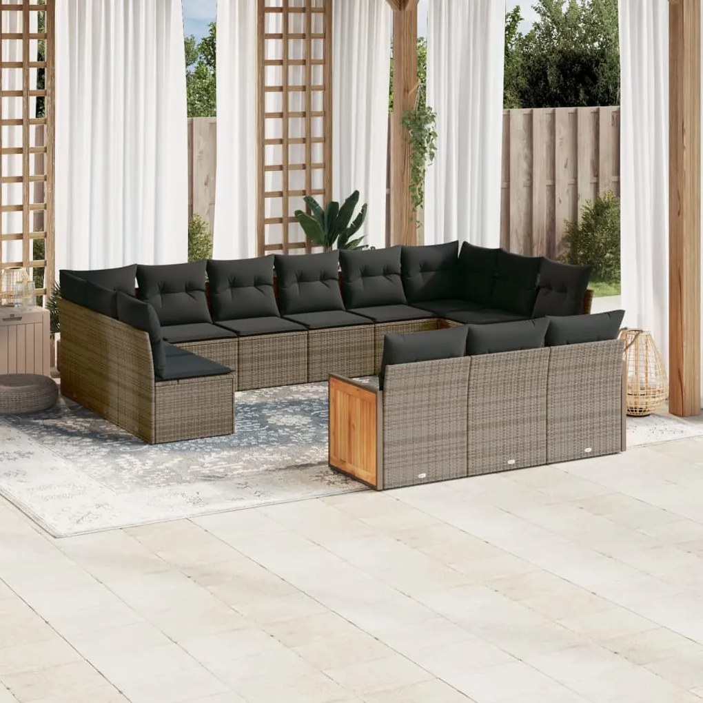Set divani da giardino 13 pz con cuscini grigio in polyrattan