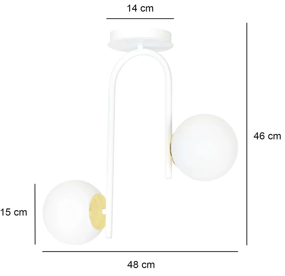 Lampadario 2 Luci Kalf In Acciaio Bianco A Bracci E Sfere In Vetro Opalino E Oro