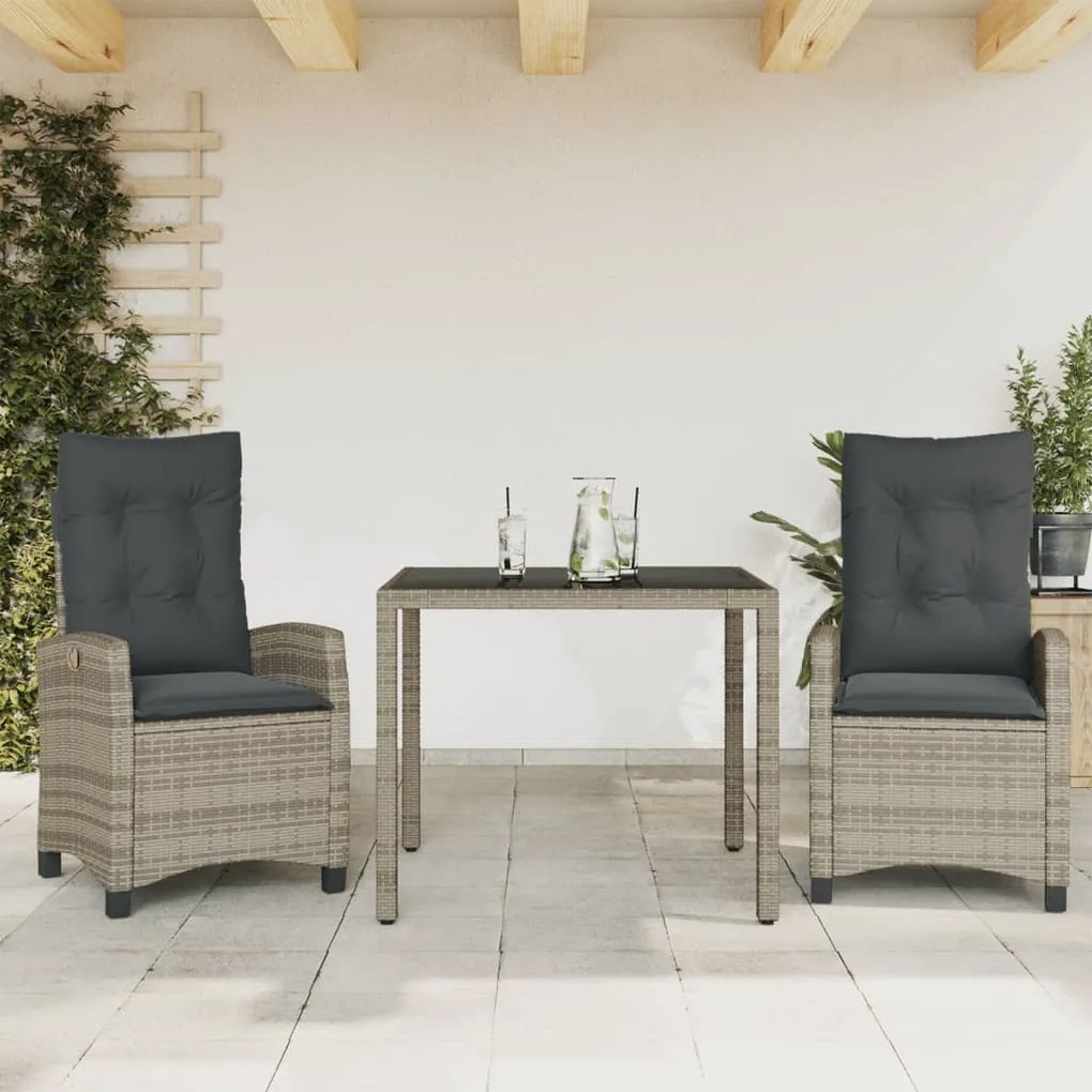 Set Da Pranzo Da Giardino 3 Pz Con Cuscini İn Polyrattan Grigio /