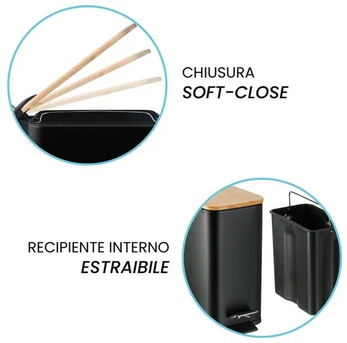 Pattumiera bagno 5 Lt in acciaio con coperchio in bambù nera con apertura a pedale Rexa