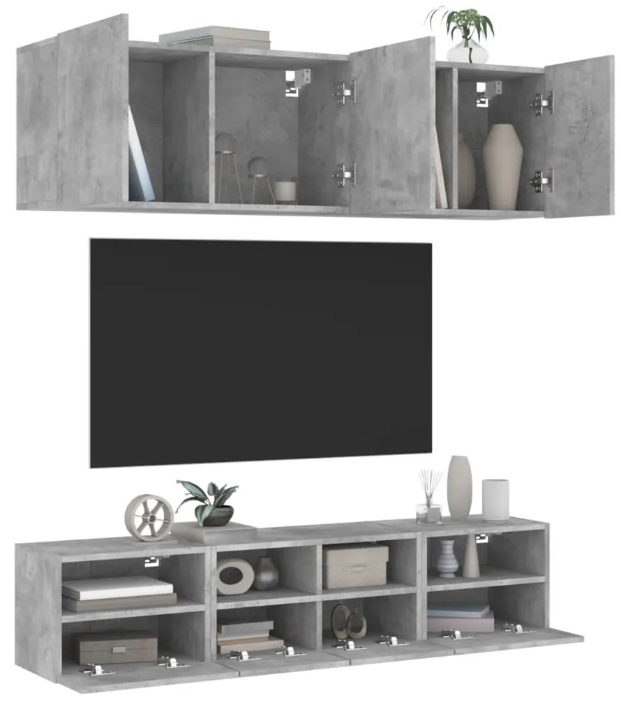 Mobili Tv A Muro Con Led 5pz Grigio Cemento Legno Multistrato /