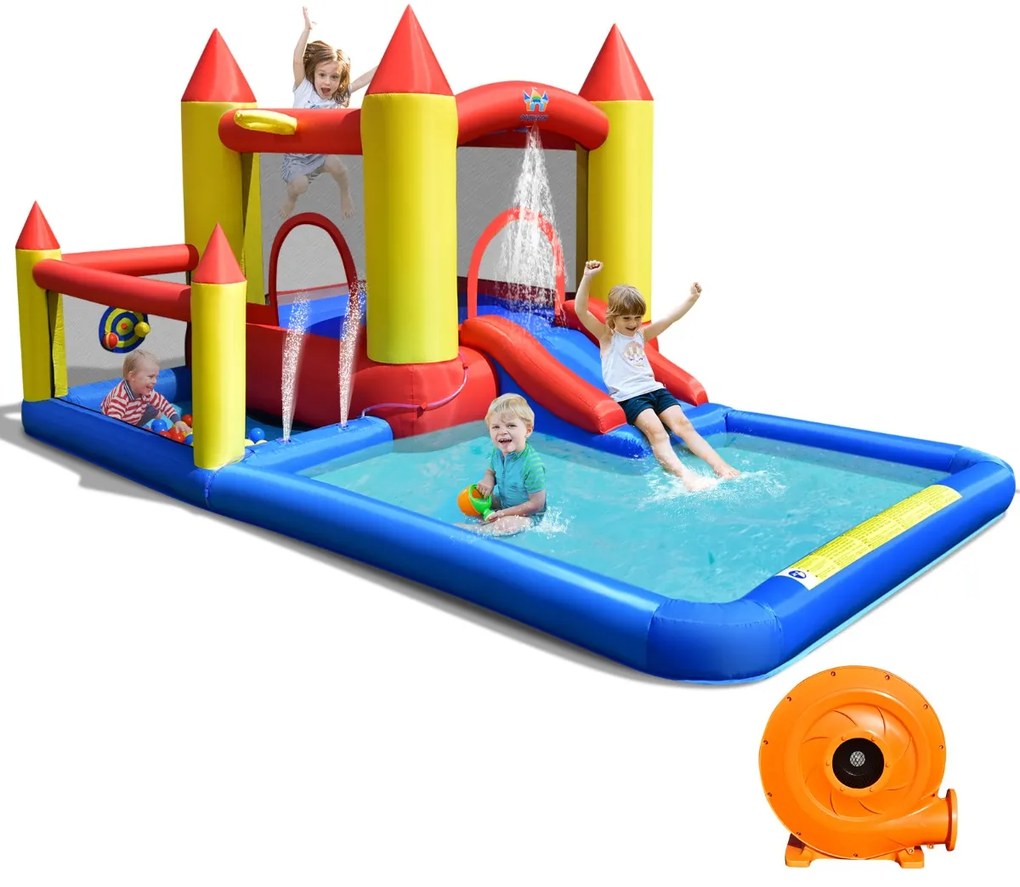 Costway Castello gonfiabile per bambini con lo scivolo e piscina con spruzzi, Scivolo gonfiabile con ventilatore 480W