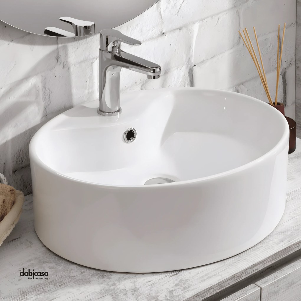 Lavabo D'Appoggio "Saturno" In Ceramica Da 52 Cm C/Foro Rubinetteria