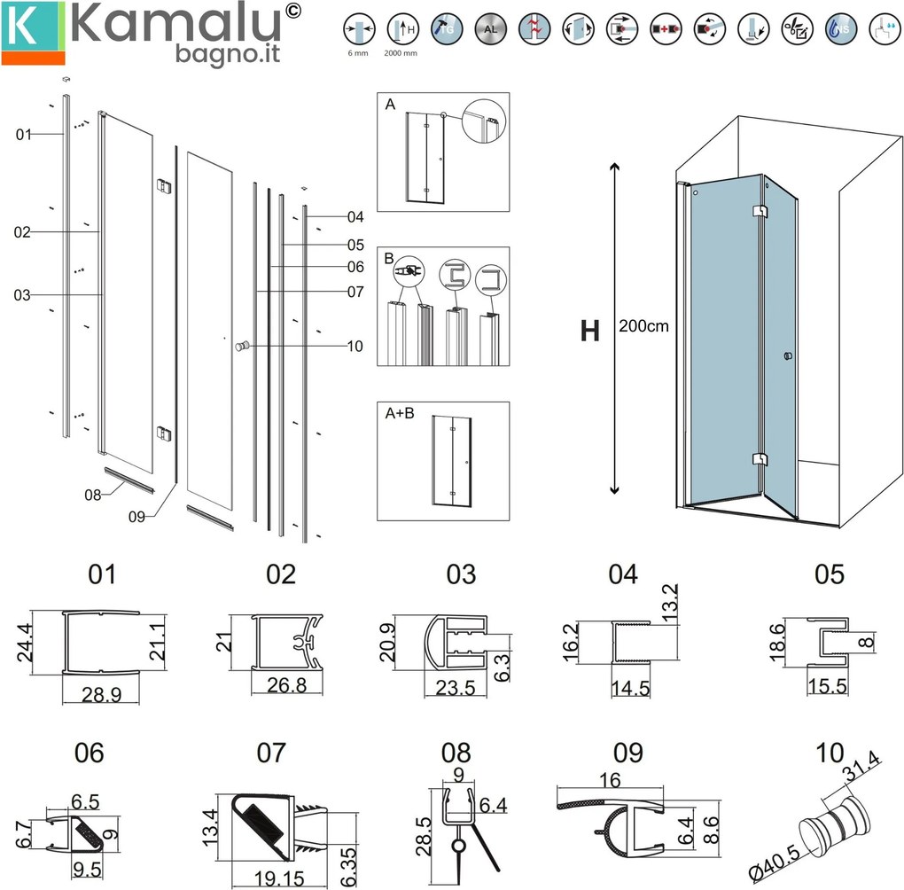 Porta doccia a libro 70 cm colore nero altezza 200h | KAM-KS700N - KAMALU